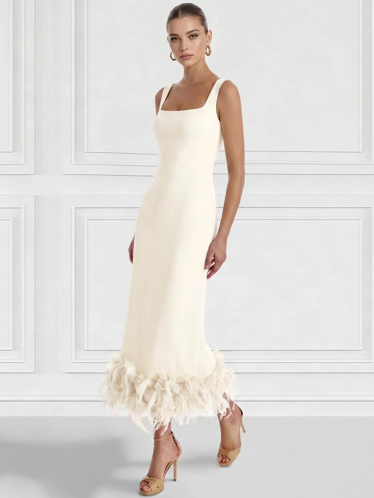 Sheath/Column Cocktail Dress Square Neck Sleeveless Ankle Length Party Dance Cocktail Dress With Feathers