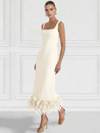 Sheath/Column Cocktail Dress Square Neck Sleeveless Ankle Length Party Dance Cocktail Dress With Feathers