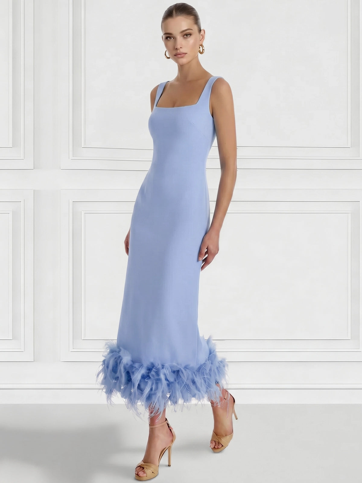 Sheath/Column Cocktail Dress Square Neck Sleeveless Ankle Length Party Dance Cocktail Dress With Feathers