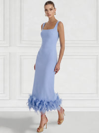Sheath/Column Cocktail Dress Square Neck Sleeveless Ankle Length Party Dance Cocktail Dress With Feathers