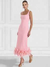 Sheath/Column Cocktail Dress Square Neck Sleeveless Ankle Length Party Dance Cocktail Dress With Feathers