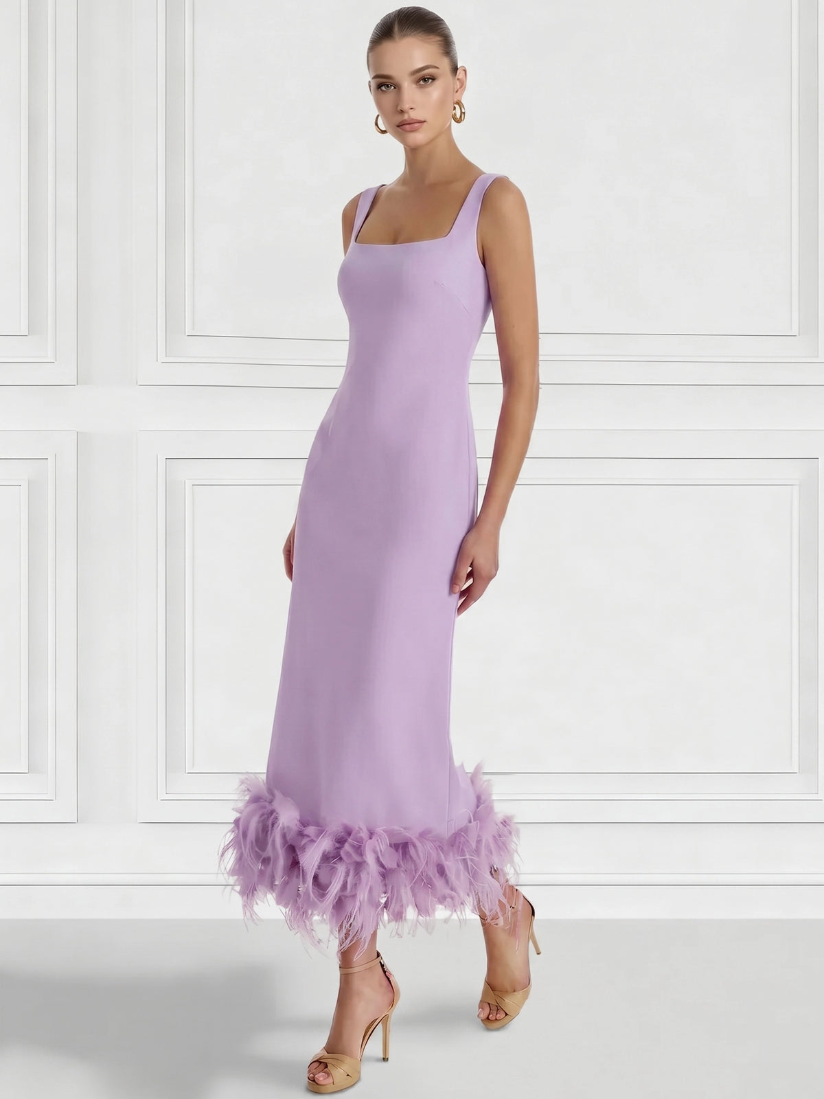 Sheath/Column Cocktail Dress Square Neck Sleeveless Ankle Length Party Dance Cocktail Dress With Feathers