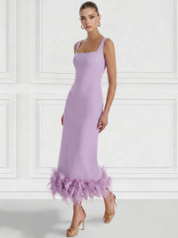 Sheath/Column Cocktail Dress Square Neck Sleeveless Ankle Length Party Dance Cocktail Dress With Feathers