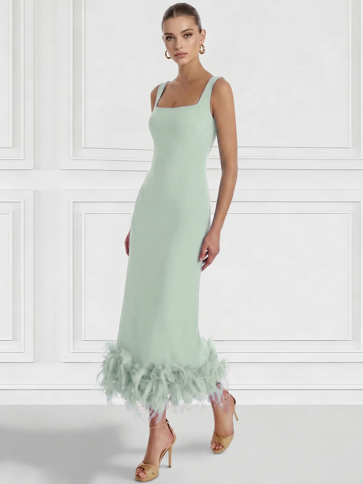 Sheath/Column Cocktail Dress Square Neck Sleeveless Ankle Length Party Dance Cocktail Dress With Feathers