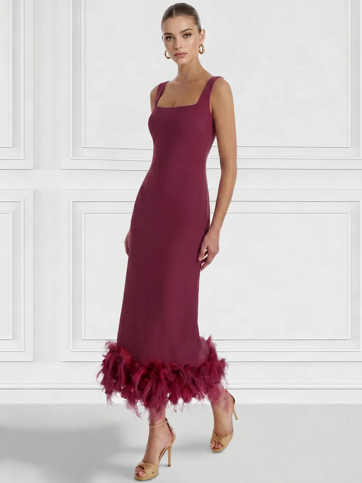 Sheath/Column Cocktail Dress Square Neck Sleeveless Ankle Length Party Dance Cocktail Dress With Feathers