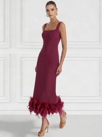 Sheath/Column Cocktail Dress Square Neck Sleeveless Ankle Length Party Dance Cocktail Dress With Feathers