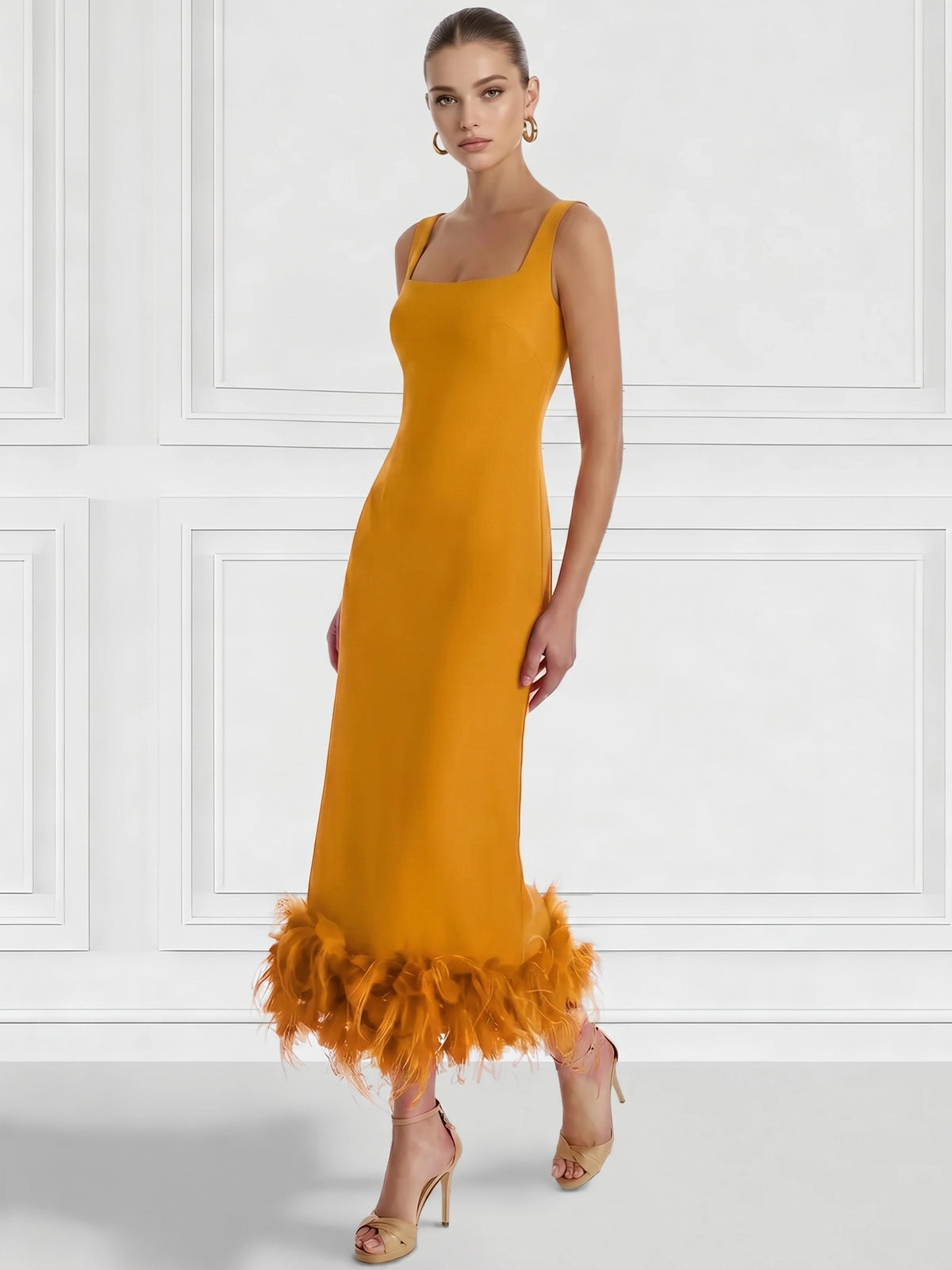 Sheath/Column Cocktail Dress Square Neck Sleeveless Ankle Length Party Dance Cocktail Dress With Feathers
