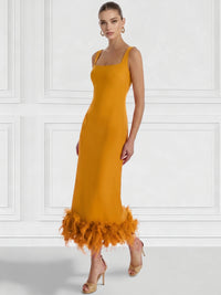 Sheath/Column Cocktail Dress Square Neck Sleeveless Ankle Length Party Dance Cocktail Dress With Feathers