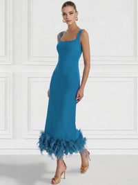 Sheath/Column Cocktail Dress Square Neck Sleeveless Ankle Length Party Dance Cocktail Dress With Feathers