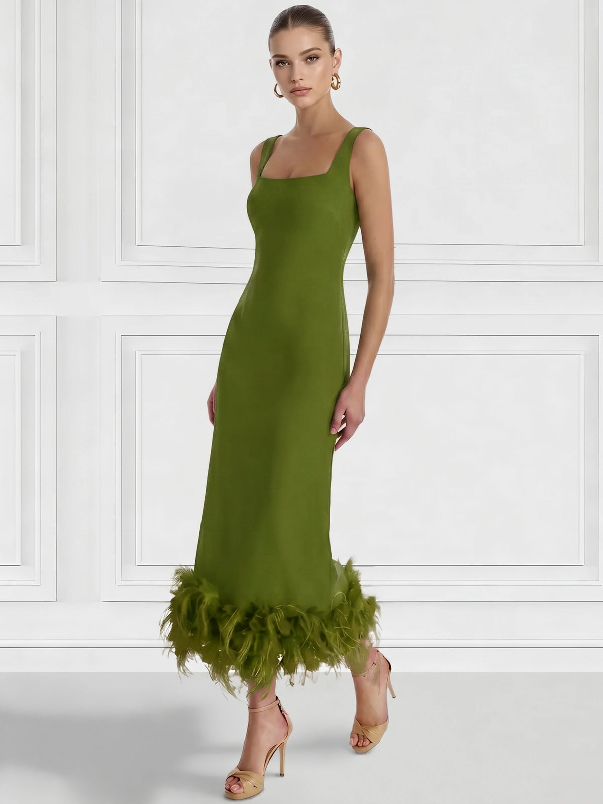 Sheath/Column Cocktail Dress Square Neck Sleeveless Ankle Length Party Dance Cocktail Dress With Feathers