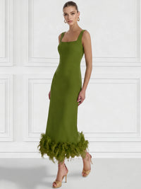 Sheath/Column Cocktail Dress Square Neck Sleeveless Ankle Length Party Dance Cocktail Dress With Feathers