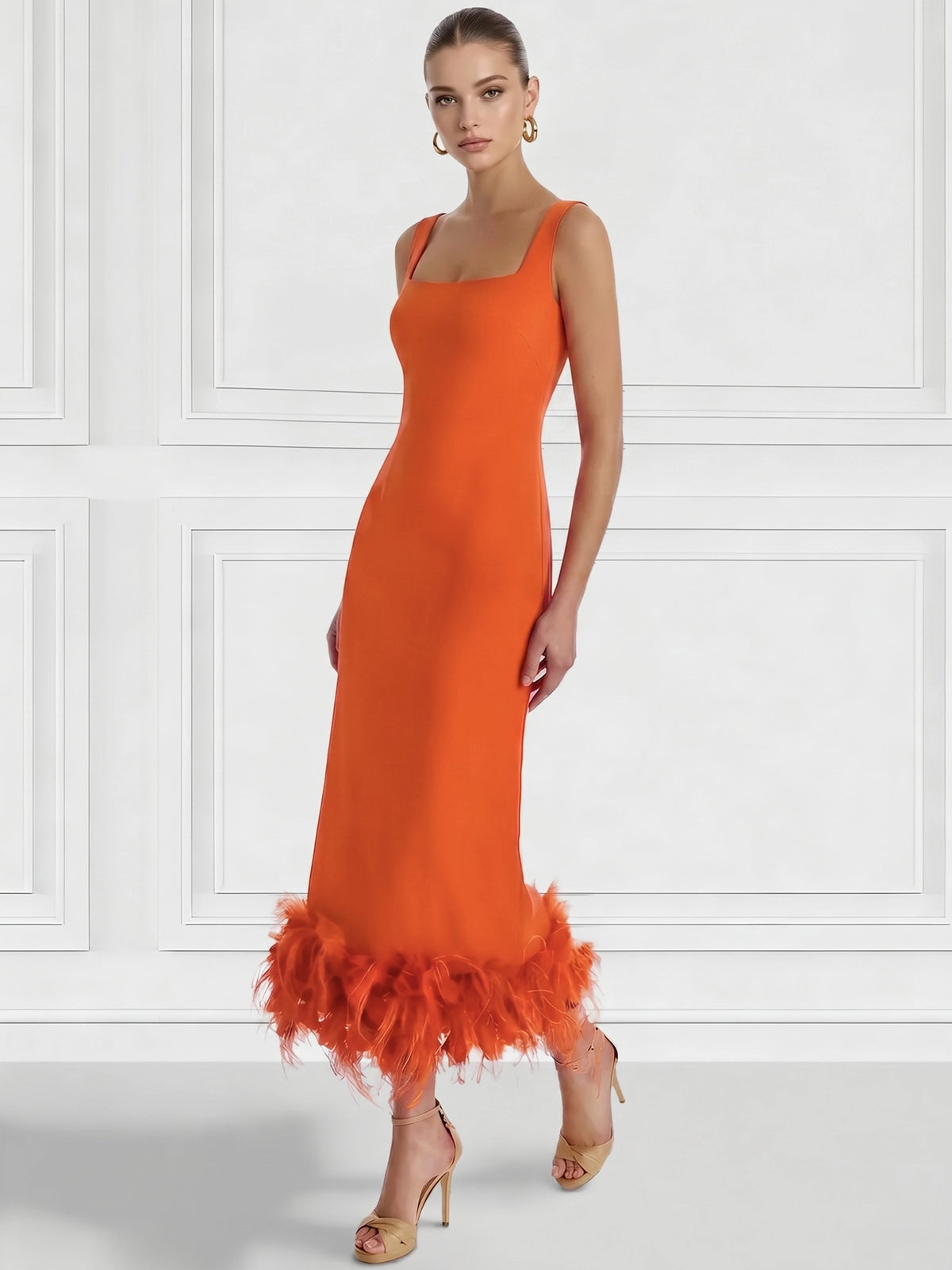 Sheath/Column Cocktail Dress Square Neck Sleeveless Ankle Length Party Dance Cocktail Dress With Feathers