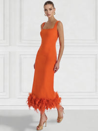 Sheath/Column Cocktail Dress Square Neck Sleeveless Ankle Length Party Dance Cocktail Dress With Feathers