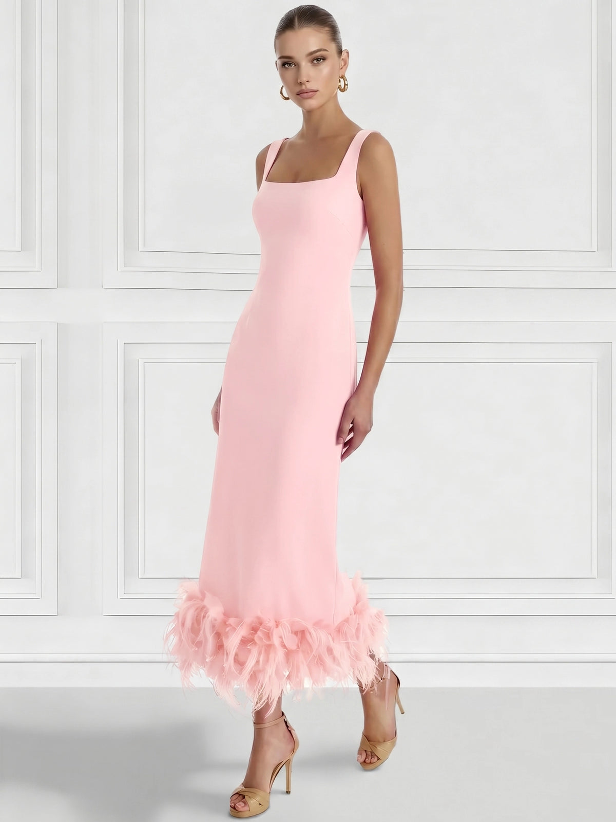 Sheath/Column Cocktail Dress Square Neck Sleeveless Ankle Length Party Dance Cocktail Dress With Feathers