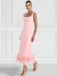 Sheath/Column Cocktail Dress Square Neck Sleeveless Ankle Length Party Dance Cocktail Dress With Feathers
