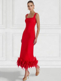 Sheath/Column Cocktail Dress Square Neck Sleeveless Ankle Length Party Dance Cocktail Dress With Feathers