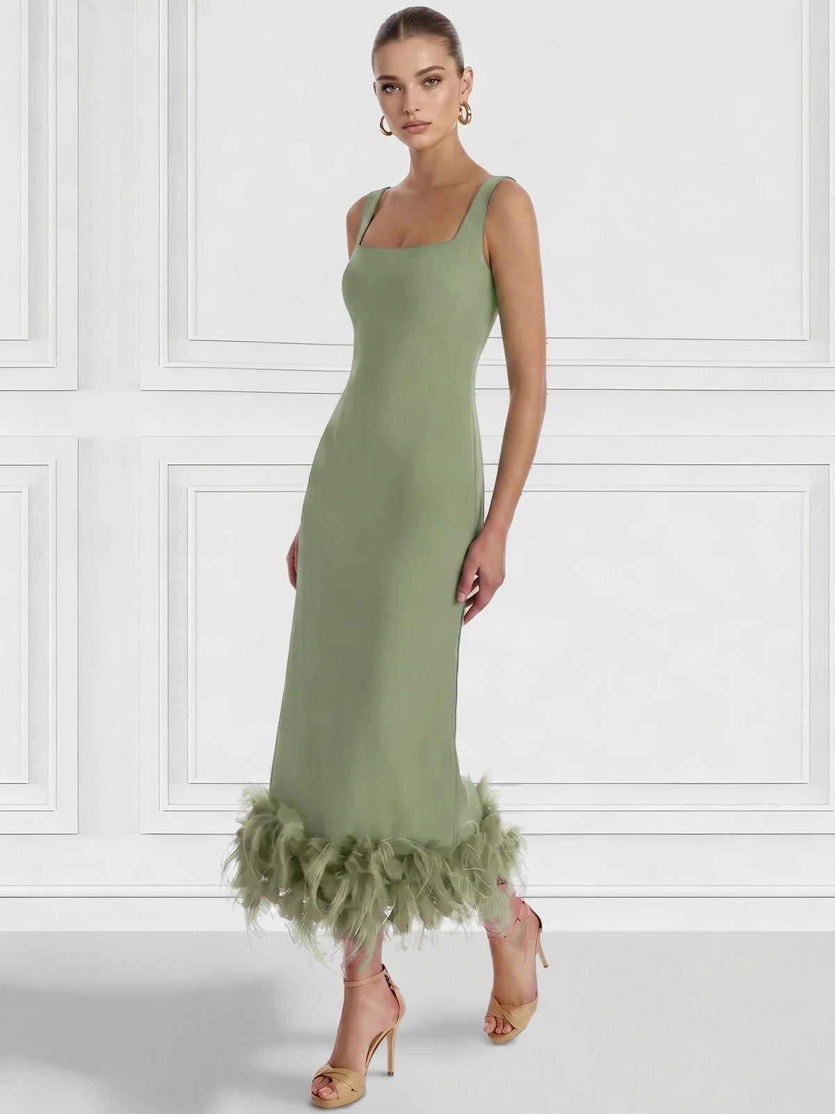 Sheath/Column Cocktail Dress Square Neck Sleeveless Ankle Length Party Dance Cocktail Dress With Feathers