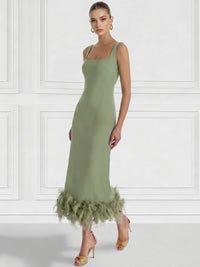 Sheath/Column Cocktail Dress Square Neck Sleeveless Ankle Length Party Dance Cocktail Dress With Feathers