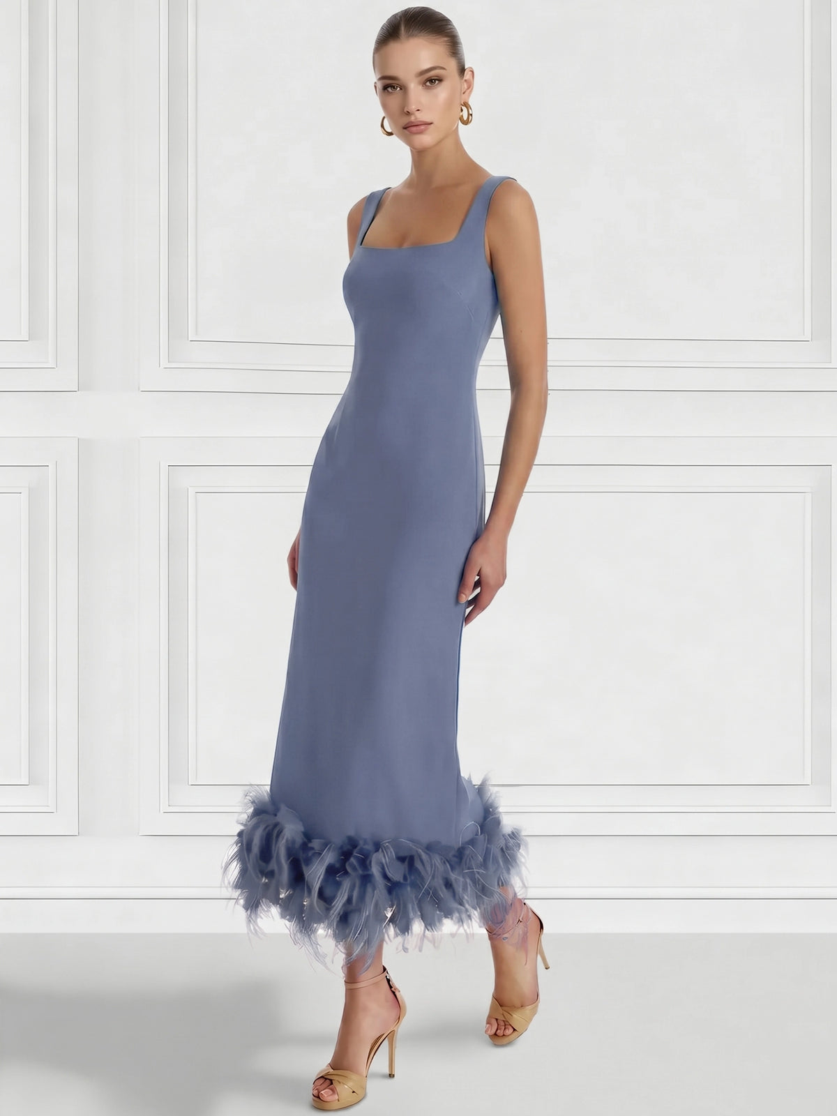 Sheath/Column Cocktail Dress Square Neck Sleeveless Ankle Length Party Dance Cocktail Dress With Feathers