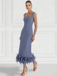 Sheath/Column Cocktail Dress Square Neck Sleeveless Ankle Length Party Dance Cocktail Dress With Feathers