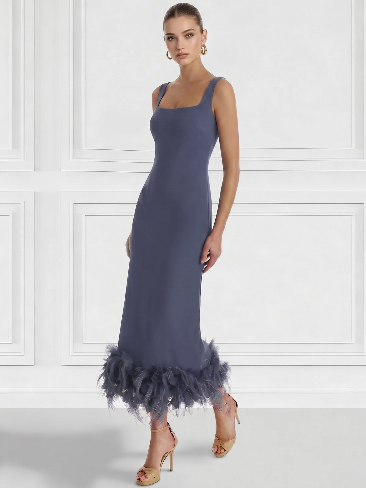 Sheath/Column Cocktail Dress Square Neck Sleeveless Ankle Length Party Dance Cocktail Dress With Feathers