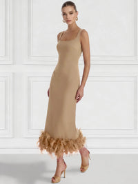 Sheath/Column Cocktail Dress Square Neck Sleeveless Ankle Length Party Dance Cocktail Dress With Feathers