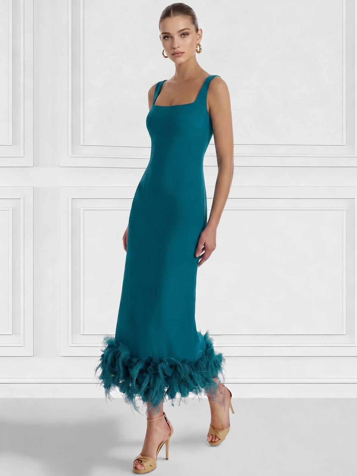 Sheath/Column Cocktail Dress Square Neck Sleeveless Ankle Length Party Dance Cocktail Dress With Feathers