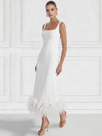 Sheath/Column Cocktail Dress Square Neck Sleeveless Ankle Length Party Dance Cocktail Dress With Feathers