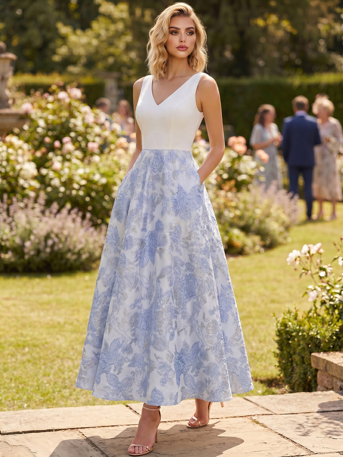 Nafori Blue A-Line/Princesses Cocktail Dress Elegant Jacquard Floral Dress Tea-Length Sleeveless V Neck Wedding Guest Dress with Pockets 2026