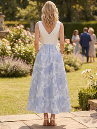 A-Line/Princesses Cocktail Dress Elegant Jacquard Floral Dress Tea-Length Sleeveless V Neck Wedding Guest Dress with Pockets