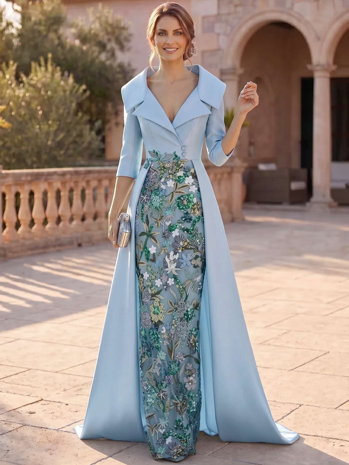 Nafori Green Sheath Mother Of The Bride Dress Satin V-neck Floor Length 1/2 Sleeves Watteau Train Sequins 2026