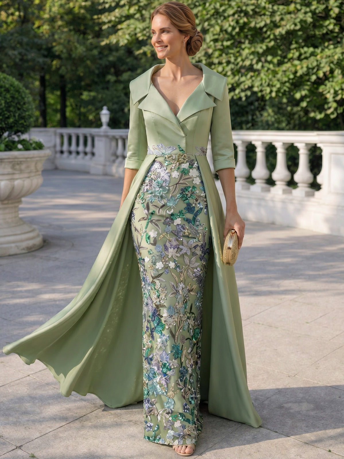 Sheath Mother Of The Bride Dress Satin V-neck Floor Length 1/2 Sleeves Watteau Train Sequins