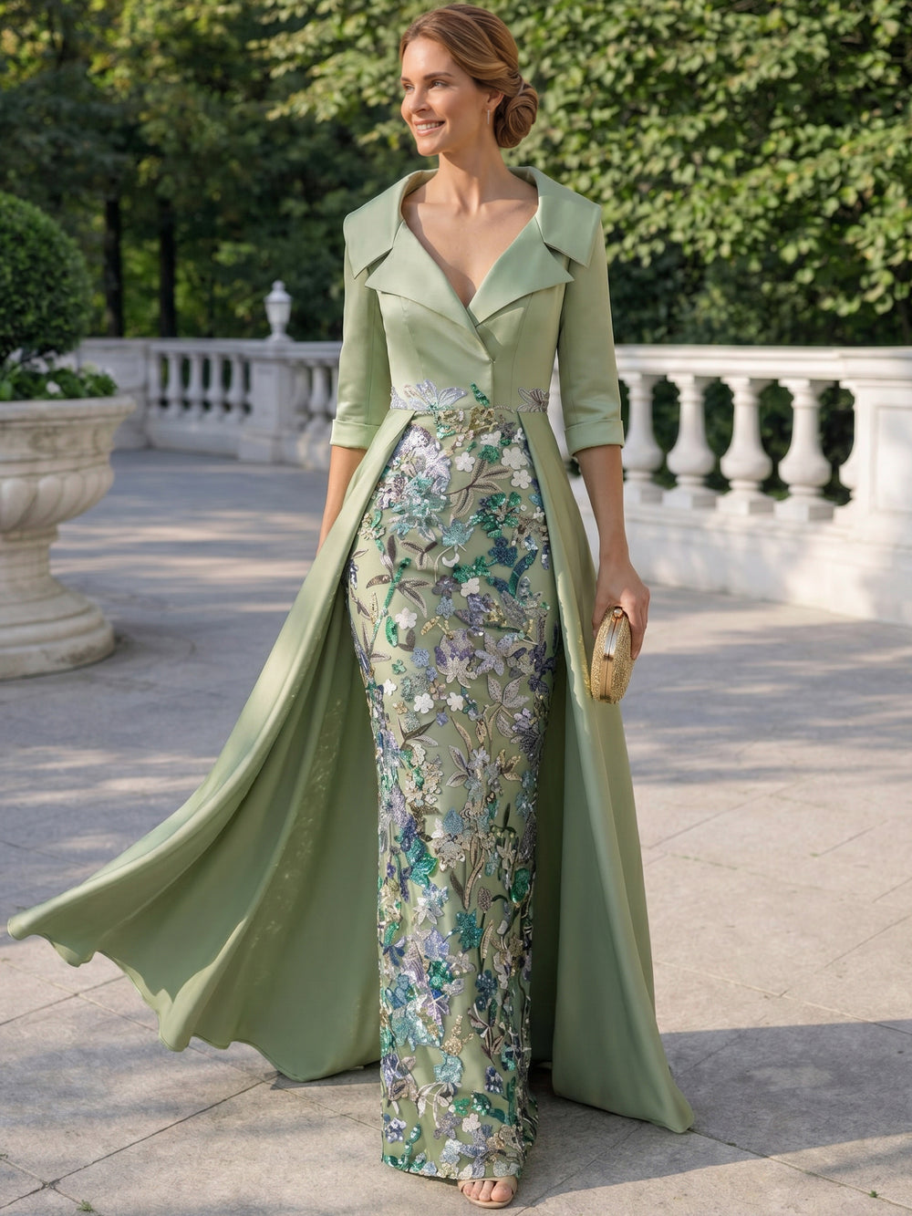 Sheath Mother Of The Bride Dress Evening Dresses Satin V-neck Floor Length 1/2 Sleeves Watteau Train Sequins