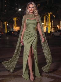 Sheath/Column Evening Dresses Elegant Satin Floor-Length Strapless Sleeveless Split Side Sequined Sweep Train Zipper Formal Dresses