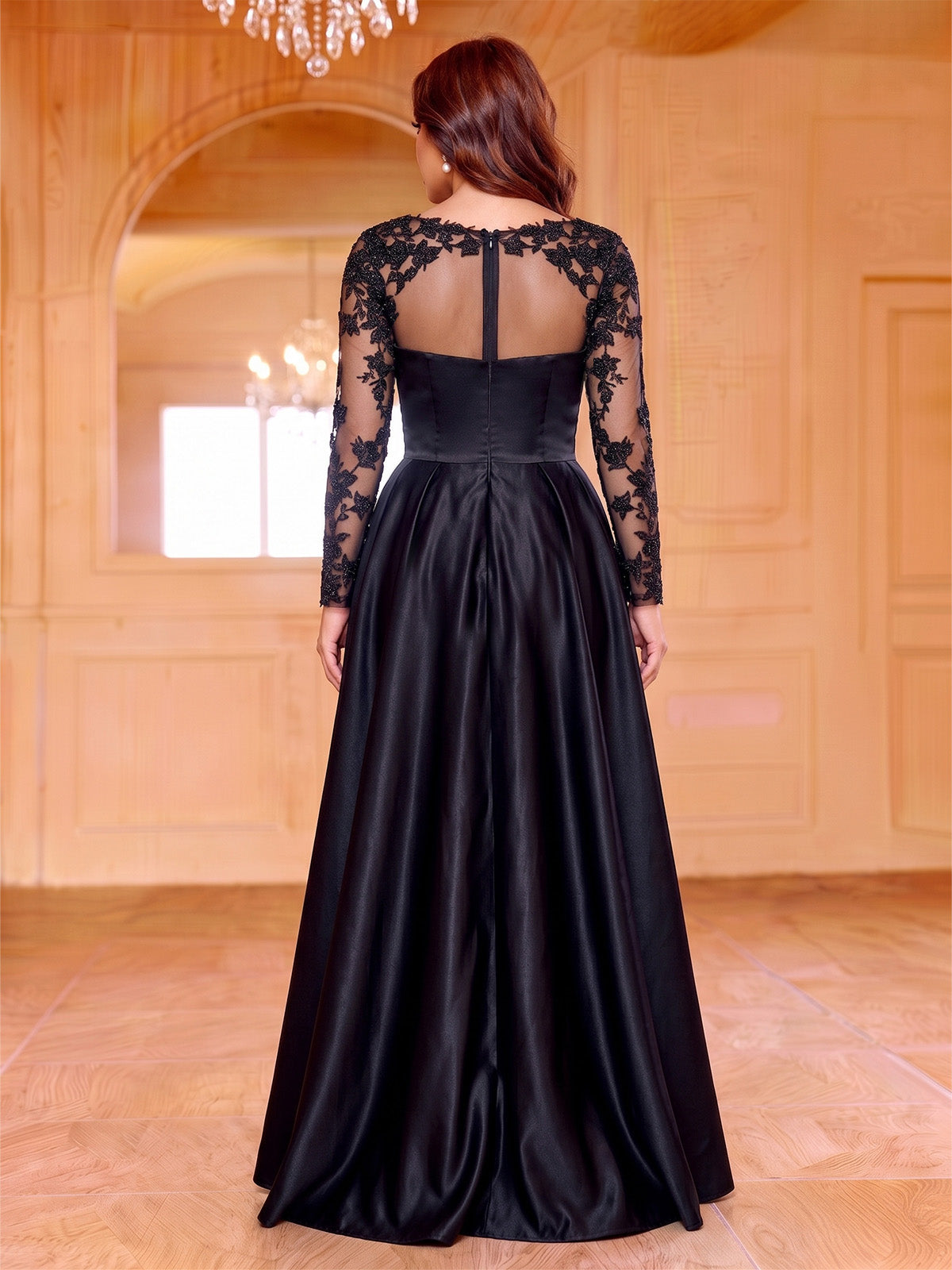A-Line/Princess Plus Size Evening Dresses Elegant Satin Bateau Neck Floor-Length Illusion Lace Long Sleeves Boning Pleated Zipper