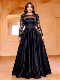 A-Line/Princess Plus Size Evening Dresses Elegant Satin Bateau Neck Floor-Length Illusion Lace Long Sleeves Boning Pleated Zipper