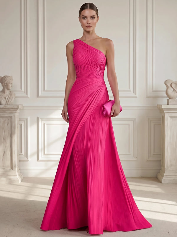 A Line/Princesses Evening Dresses Ruched Fuchsia Satin One Shoulder Floor-Length Formal Maxi Dress Wedding Guest Dress