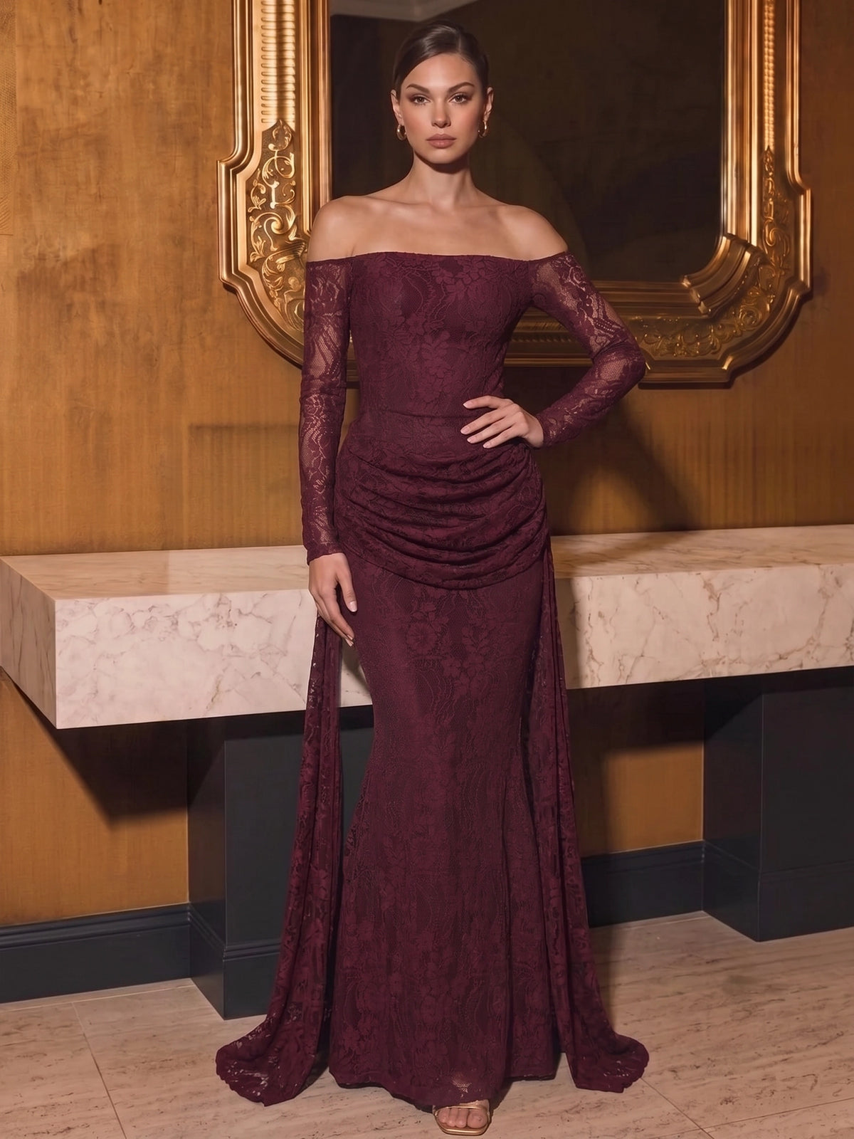 Mermaid Evening Dress Off The Shoulder Long Sleeves Runched Lace Burgundy Formal Wedding Guest Dress With Side Drape