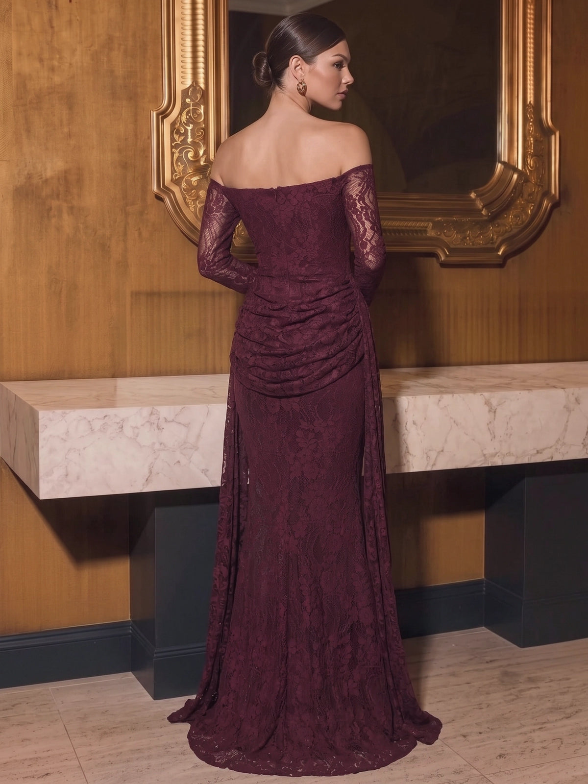Mermaid Evening Dress Off The Shoulder Long Sleeves Runched Lace Burgundy Formal Wedding Guest Dress With Side Drape