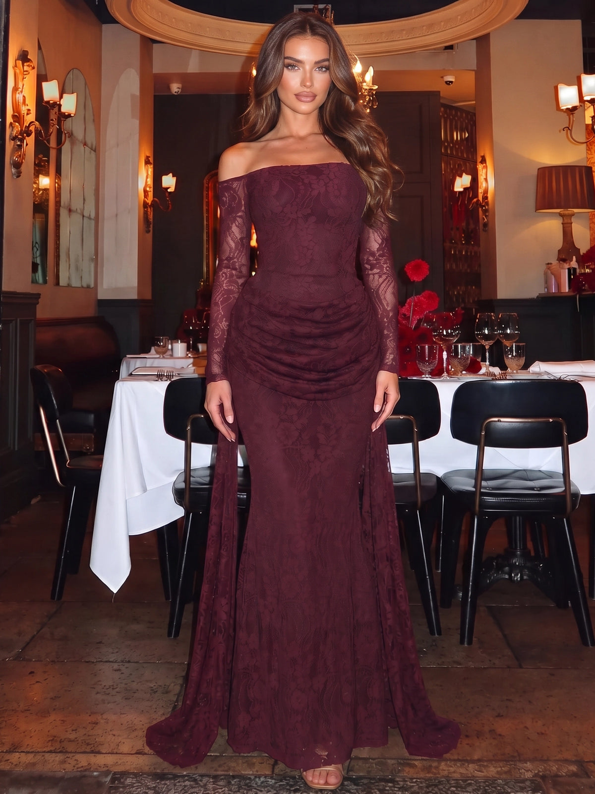 Mermaid Evening Dress Off The Shoulder Long Sleeves Runched Lace Burgundy Formal Wedding Guest Dress With Side Drape