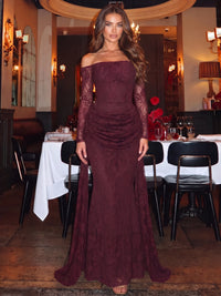 Mermaid Evening Dress Off The Shoulder Long Sleeves Runched Lace Burgundy Formal Wedding Guest Dress With Side Drape