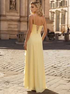 A-Line/Princess Simple Wedding Guest Dresses Chiffon Spaghetti Straps Sleeveless Floor-Length Ruffled Dresses With Side Slit