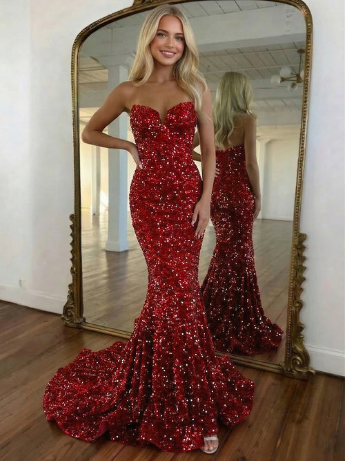 Trumpet/Mermaid Red Velvet Sequined Prom Dress Strapless Floor-length Long Formal Dresses With Horsehair Hem
