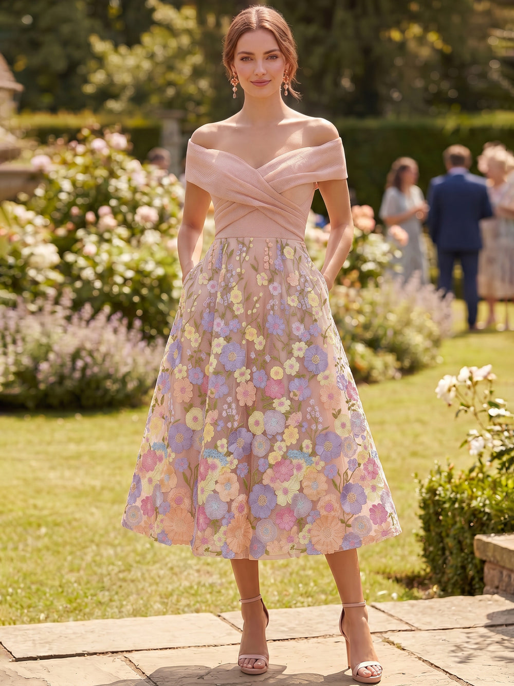 A Line Cocktail Dress Ankle Length Elegant Dresses Formal Floral Wedding Long Sleeve Off Shoulder Floral Embroiery Dress With Pocket