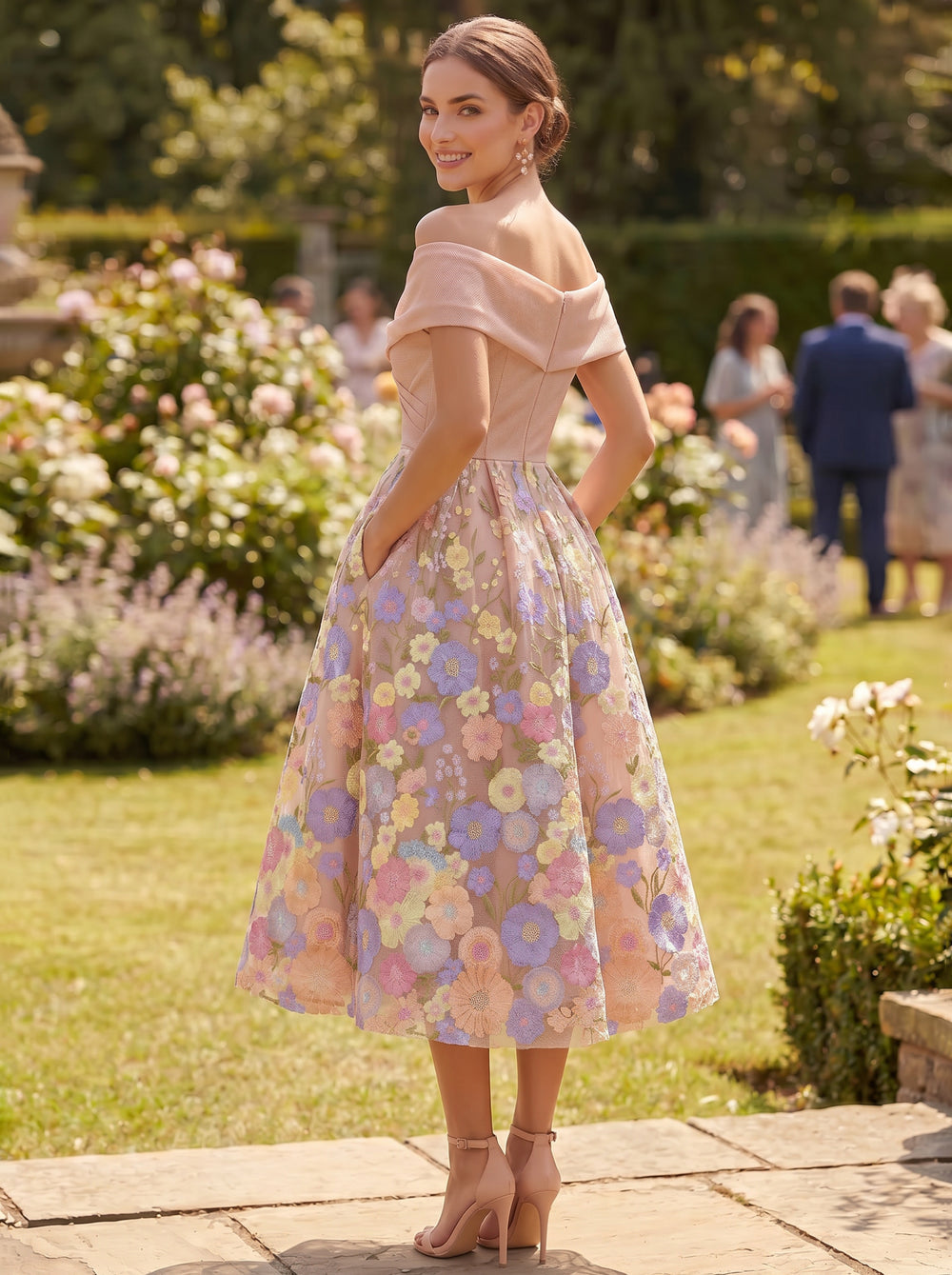 A Line Cocktail Dress Ankle Length Elegant Dresses Formal Floral Wedding Long Sleeve Off Shoulder Floral Embroiery Dress With Pocket