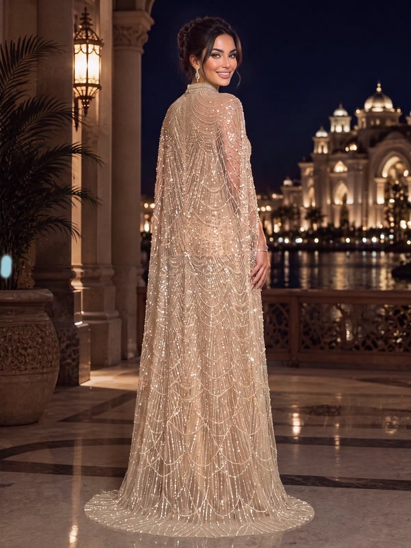 Mermaid/Trumpet Evening Dresses Beaded Illusion Neck Cape Sleeves Floor-Length Sash Sparkle