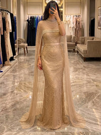 Mermaid/Trumpet Evening Dresses Beaded Illusion Neck Cape Sleeves Floor-Length Sash Sparkle