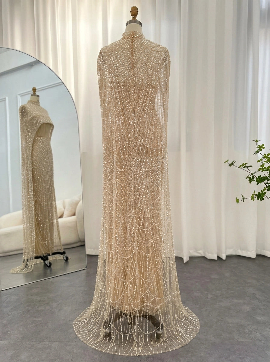 Mermaid/Trumpet Evening Dresses Beaded Illusion Neck Cape Sleeves Floor-Length Sash Sparkle