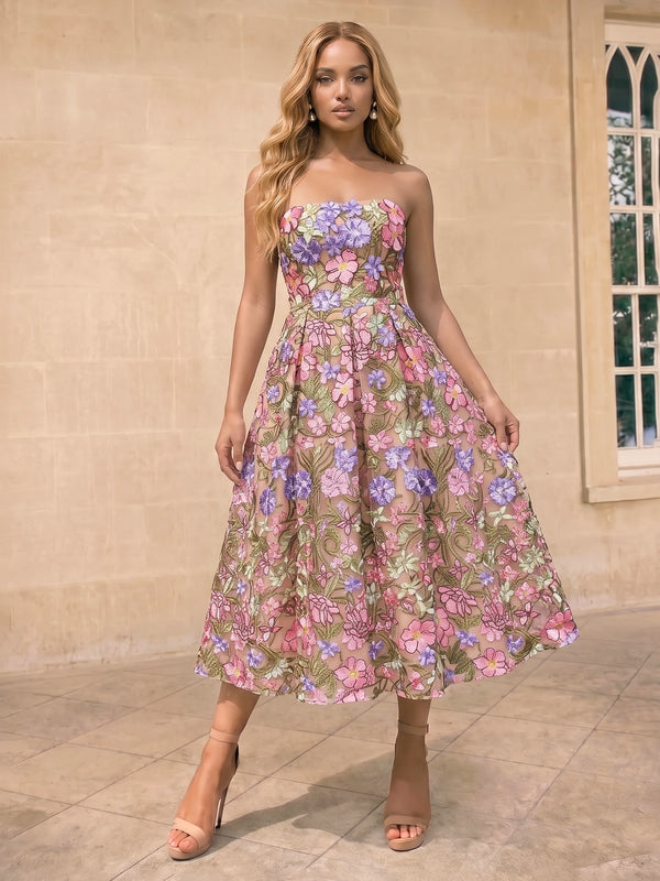 A-Line/Princess Cocktail Dress Jacquard Strapless Sleeveless Tea-Length Zipper Elegant Floral Dresses