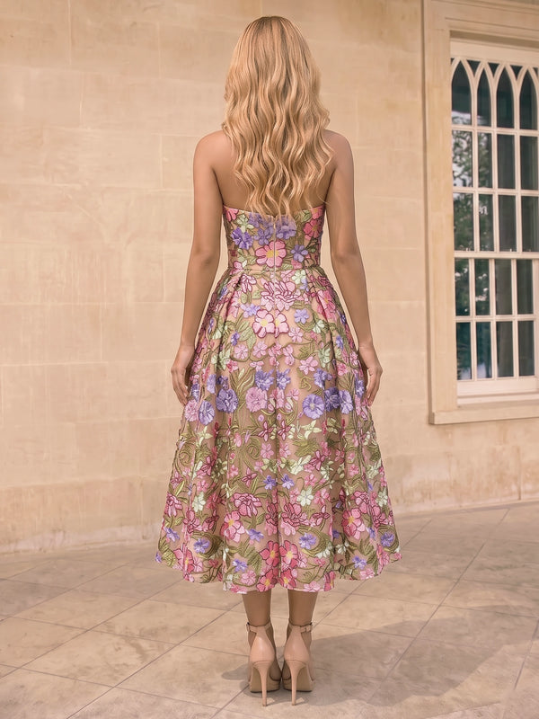 A-Line/Princess Cocktail Dress Jacquard Strapless Sleeveless Tea-Length Zipper Elegant Floral Dresses
